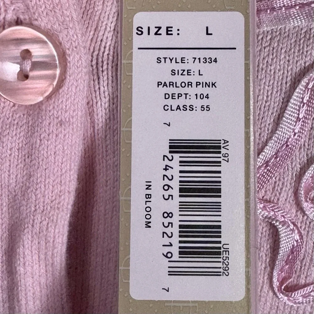 Fieldgear In Bloom Pastel Pink Floral Ribbon Appliqué Cardigan Sweater NWT L Vtg